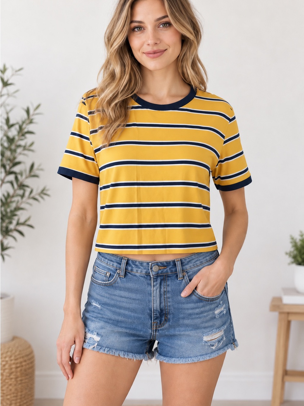 Forever 21 Striped T-Shirt Yellow Blue‎ Crew Neck Short Sleeve Large